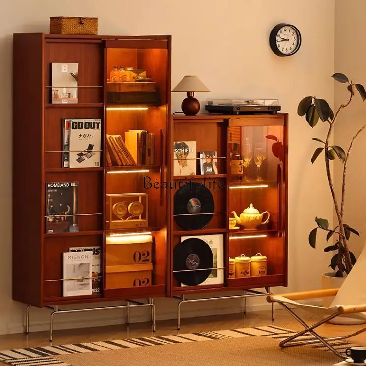 

Nordic side cabinet solid wood storage medieval living room display wine cabinet