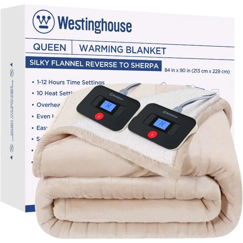 Westinghouse Electric Blanket Queen, Heated Blanket Queen Size with 10 Heating Levels and 1 to 12 Hours Heating Time Settings