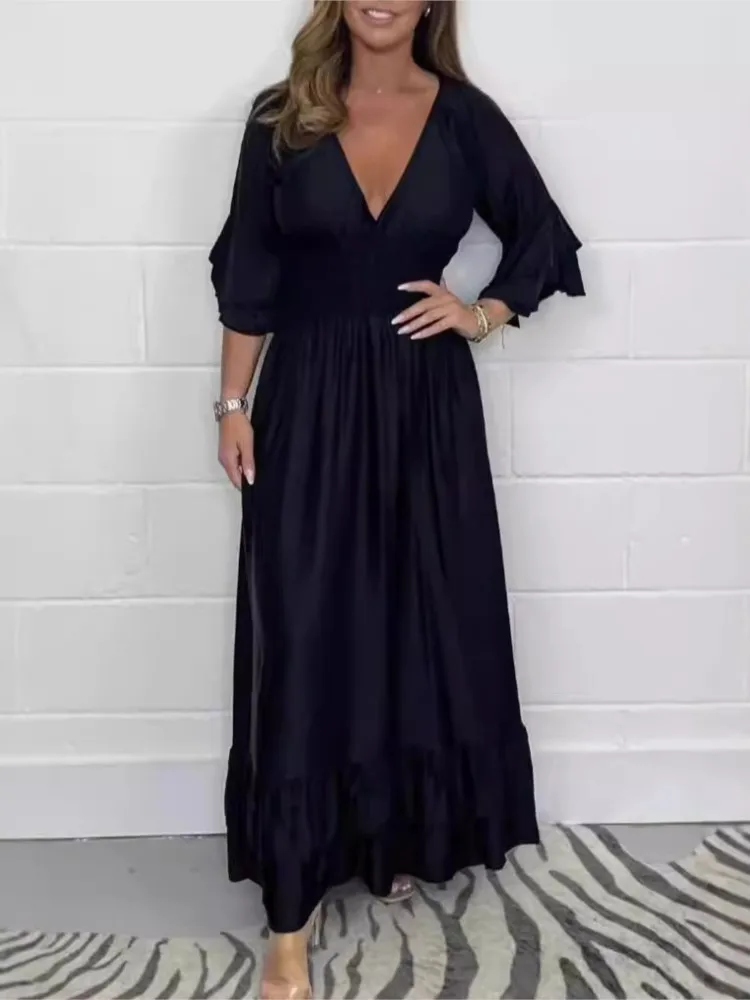 Damesmode Temperament Satijn V-hals Ruches Jurk Zomer Elegante Eenvoudige Effen Kleur Woon-werkverkeer Elastische Taille Jurken