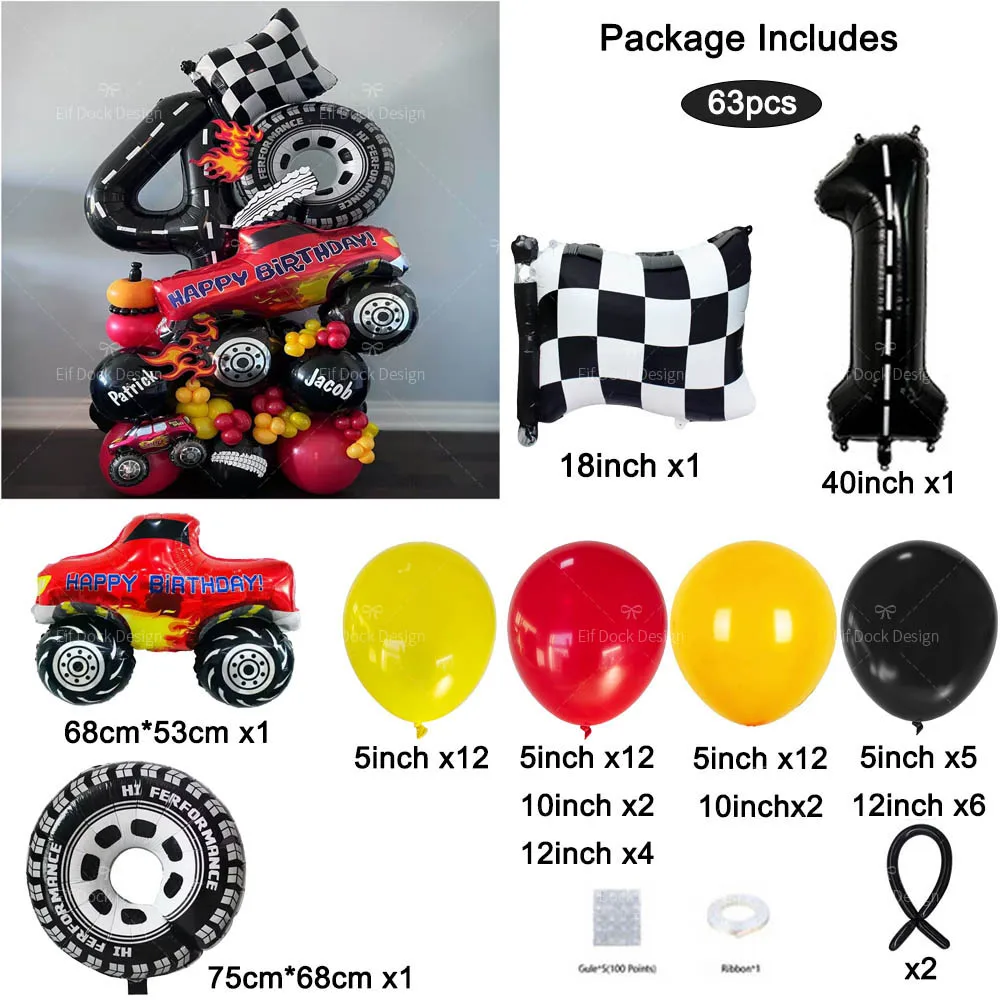 1Set Big Monster Truck Tire Flag Balloon Car Themed Birthday Foil Balloon Dump Truck Helium Balloon Boy Birthday Party Decoratio view 2