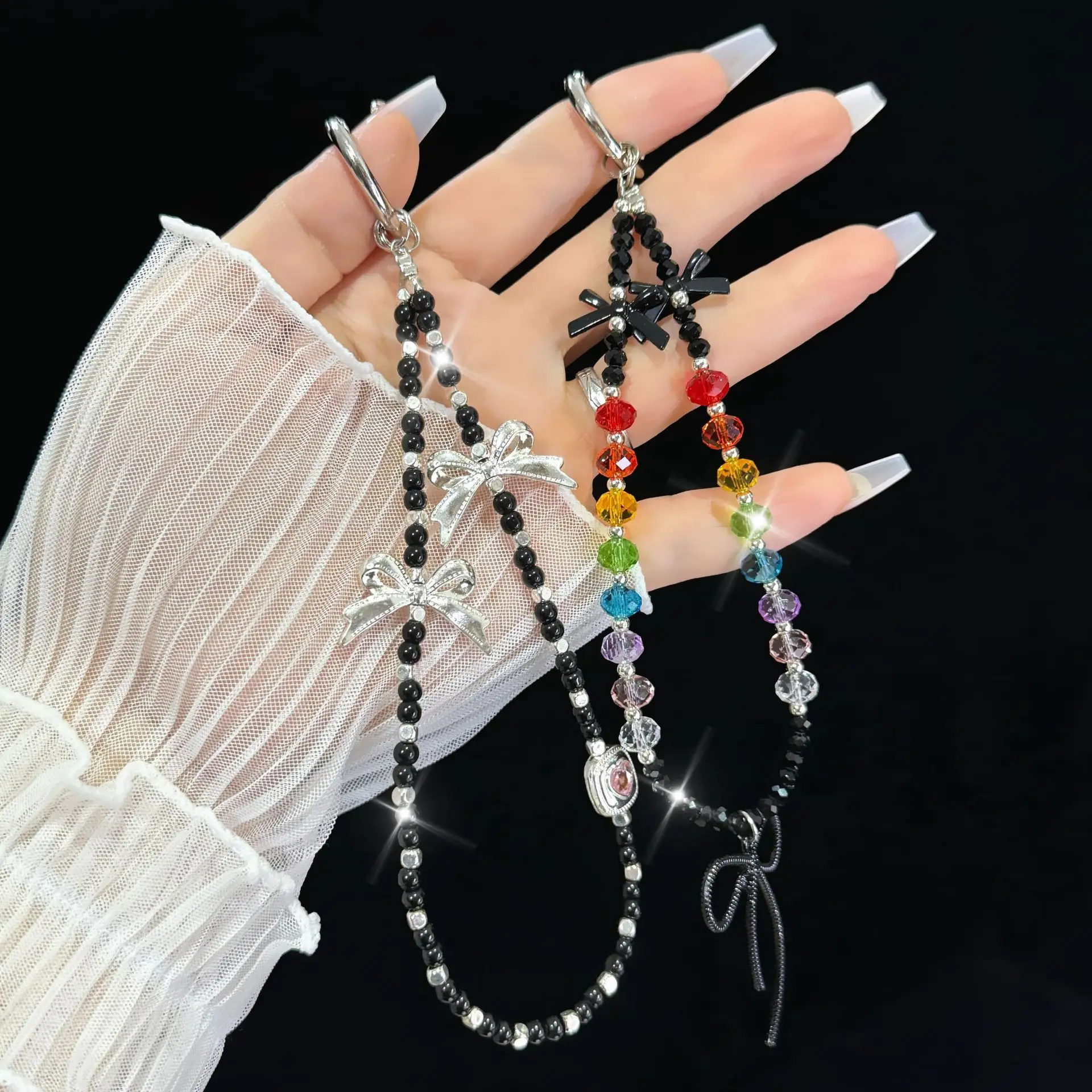 

Black Pink Ballet Bow For Phone Pendant Sweet And Cool Girl Dopamine Key Bag Accessory INS Style Beaded Pendant Chain