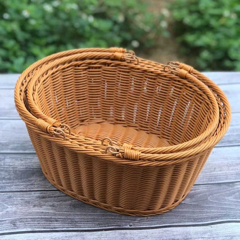 Oval Faux Rattan Hand Woven Basket, Plastic Woven Storage Basket for Supermarket Fruit Vegetable Egg Snack, Multi-purpose