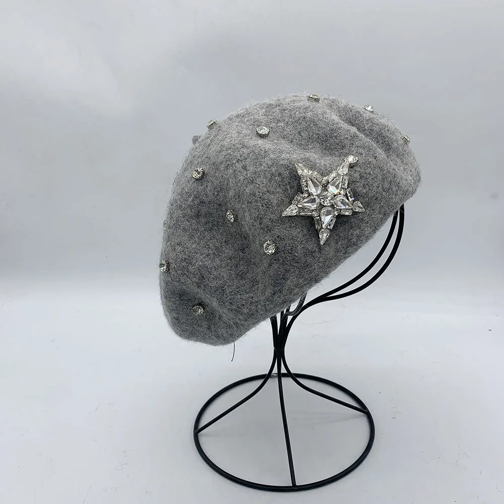 Luksusowe diamentowe gwiazdy berety damskie zimowe ciepłe czapka beanie francuskie wełniane czapki malarskie w stylu Vintage