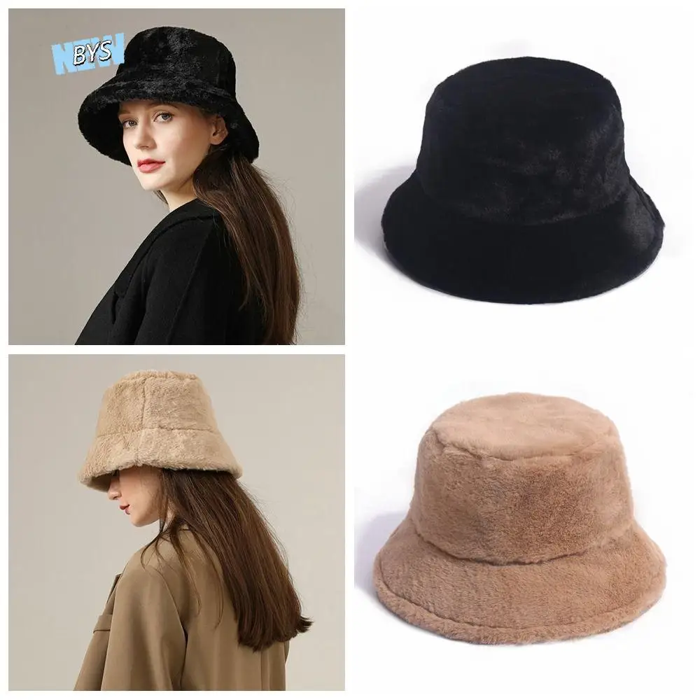 

Windproof Wool Bucket Hat Korean Style Solid Color Women's Plush Hat Ear Protection Imitation Fur Warm Fisherman Hat Ladies