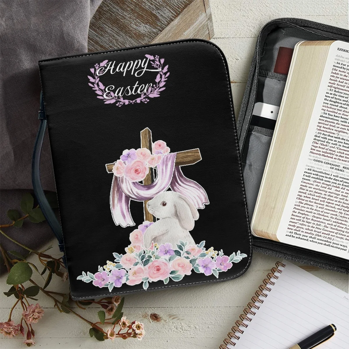 FORUDESIGNS Cross Rabbit Design Bible Bag Church Prayer Bible Protective Cover Practical Ladies Leather Zipper Handbags