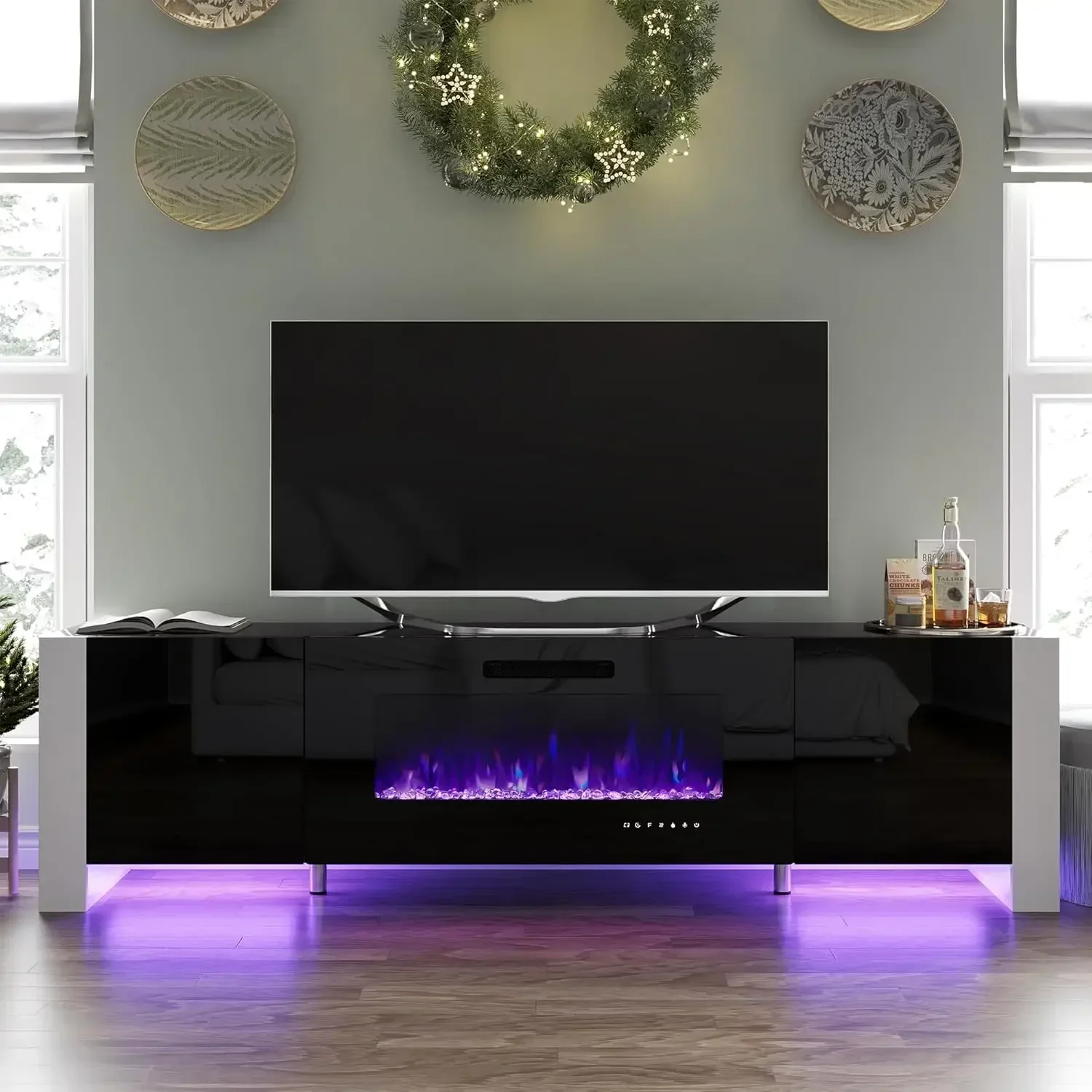

High Gloss 70" Entertainment Center TV Stand with 36" Electric Fireplace LED Lights - Modern Living Room Decor