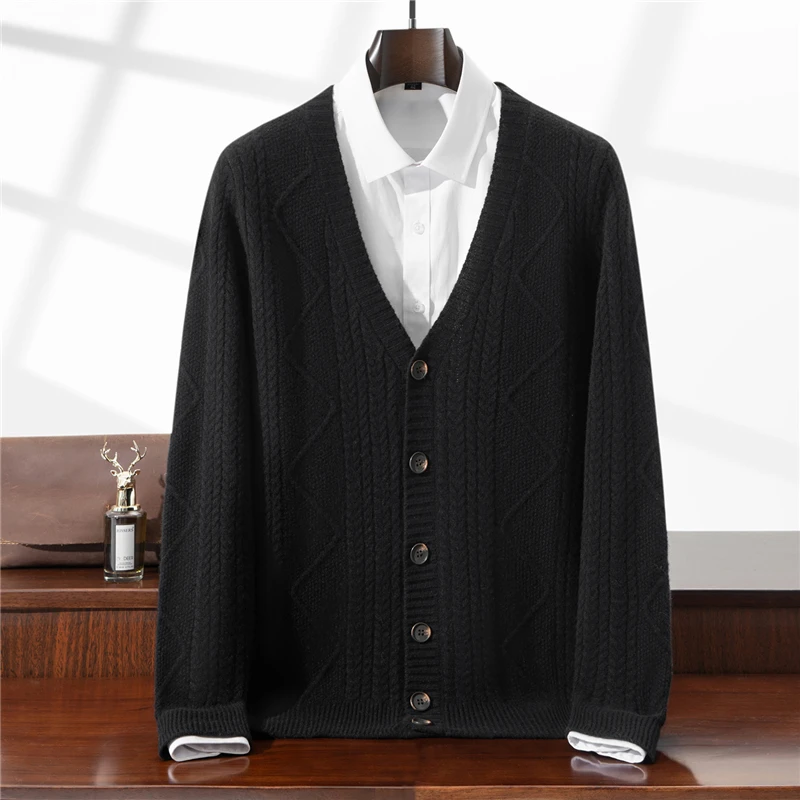 

Утепленное пальто из 100% чистой шерсти, мужской витой вязаный кардиган с v-образным вырезом, свободный повседневный кашемировый теплый осенне-зимний топ
