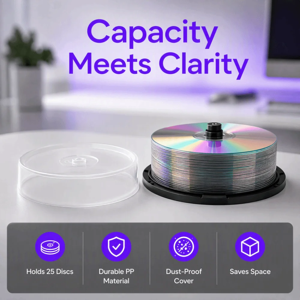 PP CD Storage Case Holds 25 Discs Portable Bucket Design Disc Container Snap Lid Closure Lightweight Hard Shell BD-R Storage Tub