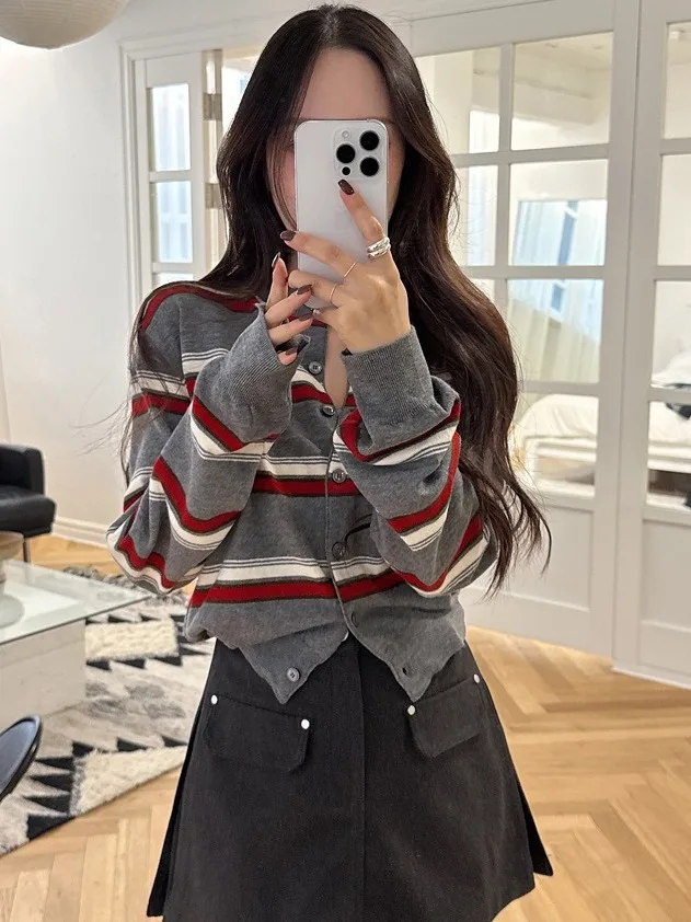 Retro Korean Style round Neck Single Button Sweater Coat Women's Slim Fit Long Sleeve Striped Knitted Open Cardigan Autumn