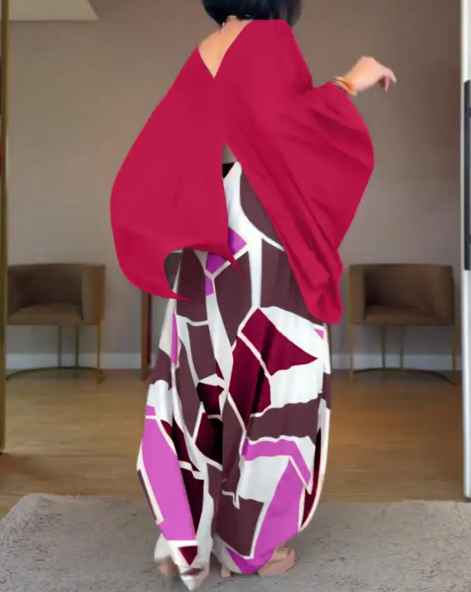 

Two-Piece Set Casual Wide Leg Pants Set for Women Outfit Cold Shoulder Batwing Sleeve Slit Top and Geometric Print Elastic Waist