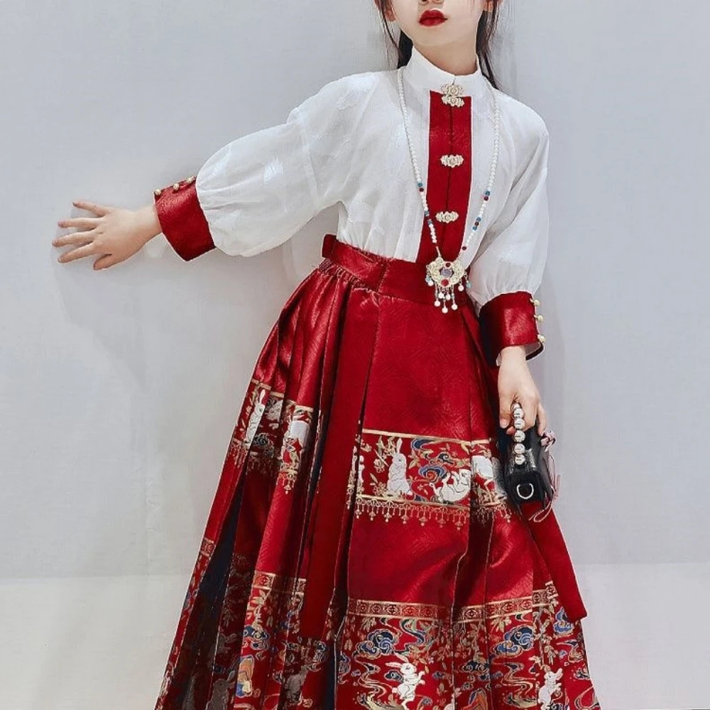 Старинная юбка Hanfu для девочек с изображением лошади, костюм Тан в китайском стиле, набор для девочек в старинном стиле, детский старинный костюм, лето и осень