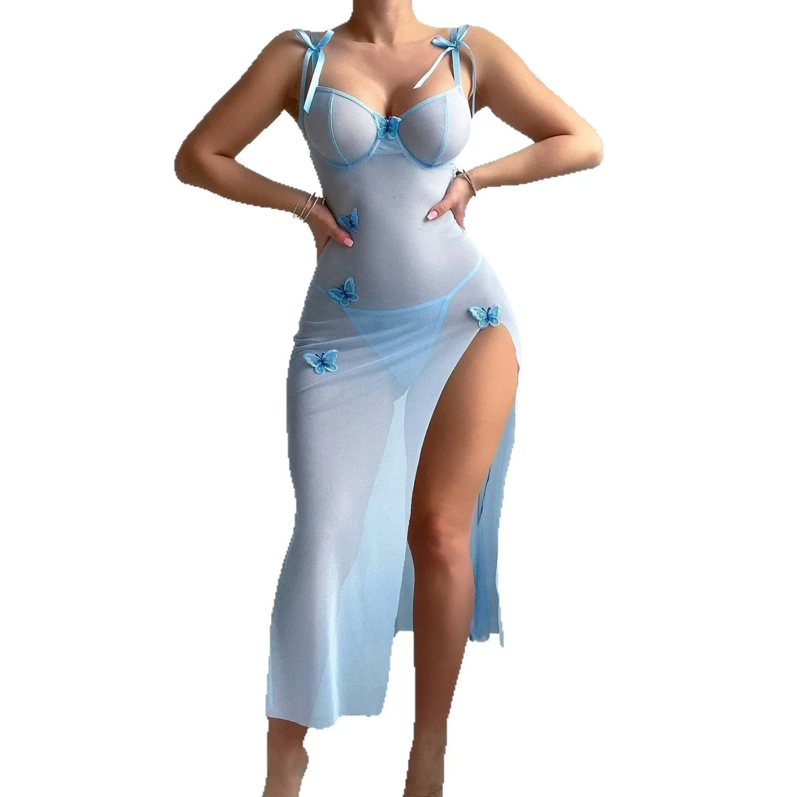 Womens Sexy Sheer Mesh Slip Dress Butterfly Applique High Slit Long Nightgowns Mint Green Sleepwear Clothing
