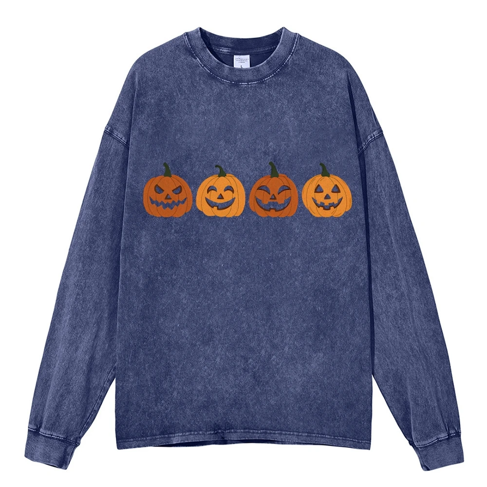 Unisex Casual Wash Printed Long Sleeve T-Shirt O-Neck Halloween Graphic Printed Top Couple Loose Holiday Style Top High Quality