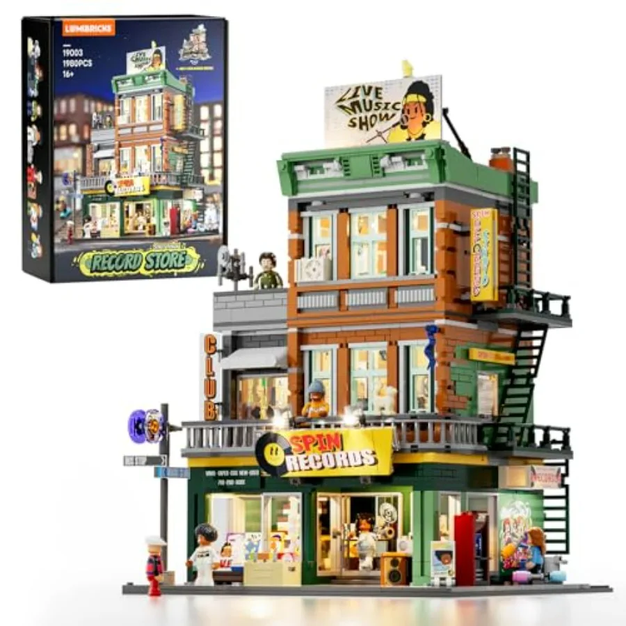 

Record Store Lighting Building Bricks Set - Street Fusion City Town Audio Shop Multi-Form Modular Collection Kit 1980 Pcs for A
