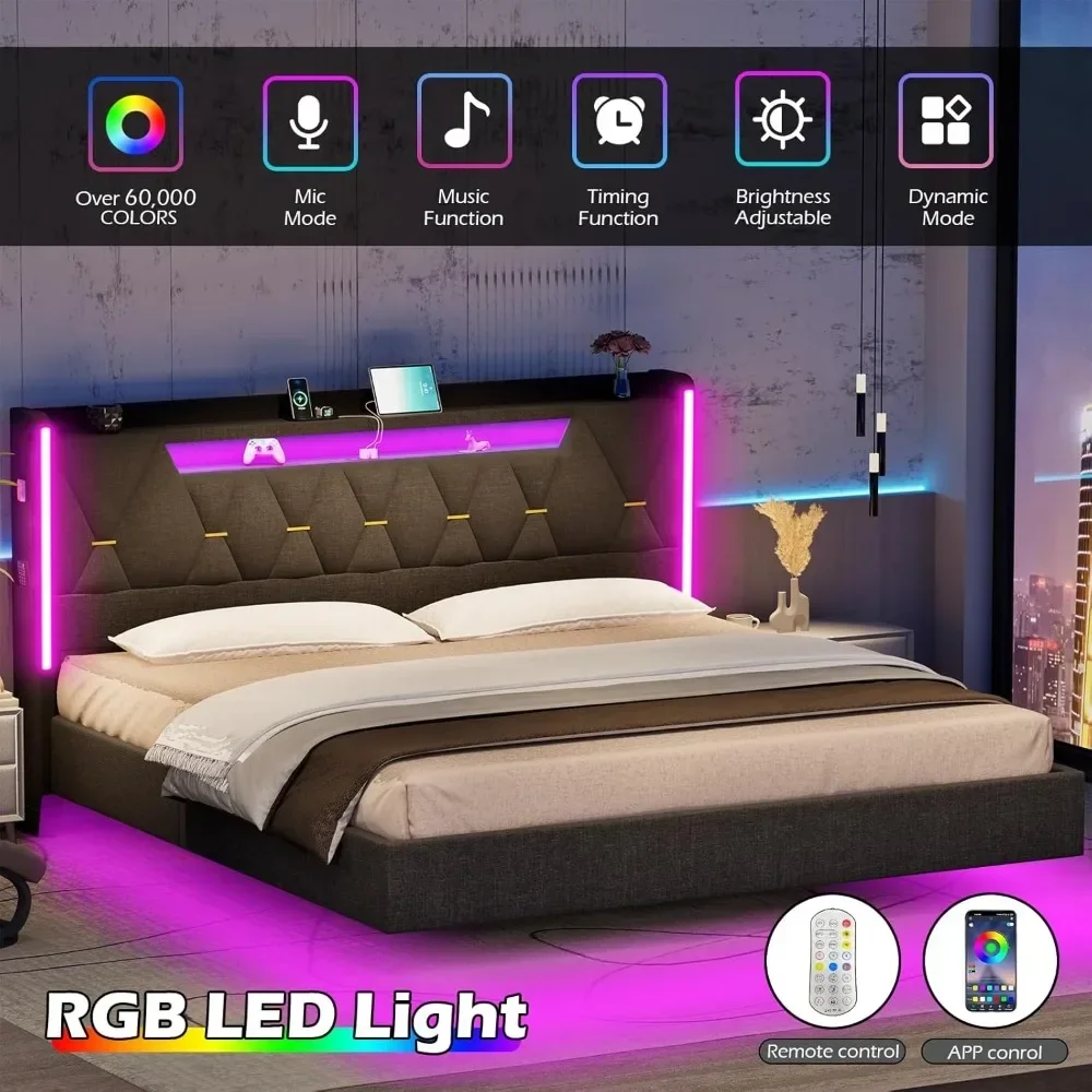 Cama King Size com cabeceira e espaço de armazenamento oculto, Otlets AC, portas de carregamento tipo C e USB, RGB Light Fabric Bed Frame