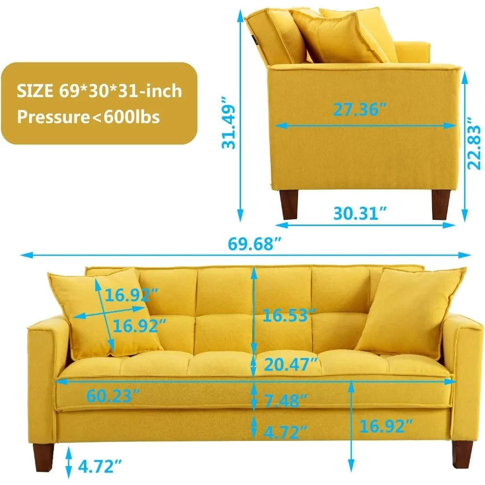 Linen Sofas Couchs for Living Room Grid Tufted Loveseat Sofa Padded 2 Seater Bedroom Couch Soft Comfy Sofa Bed for Small Space