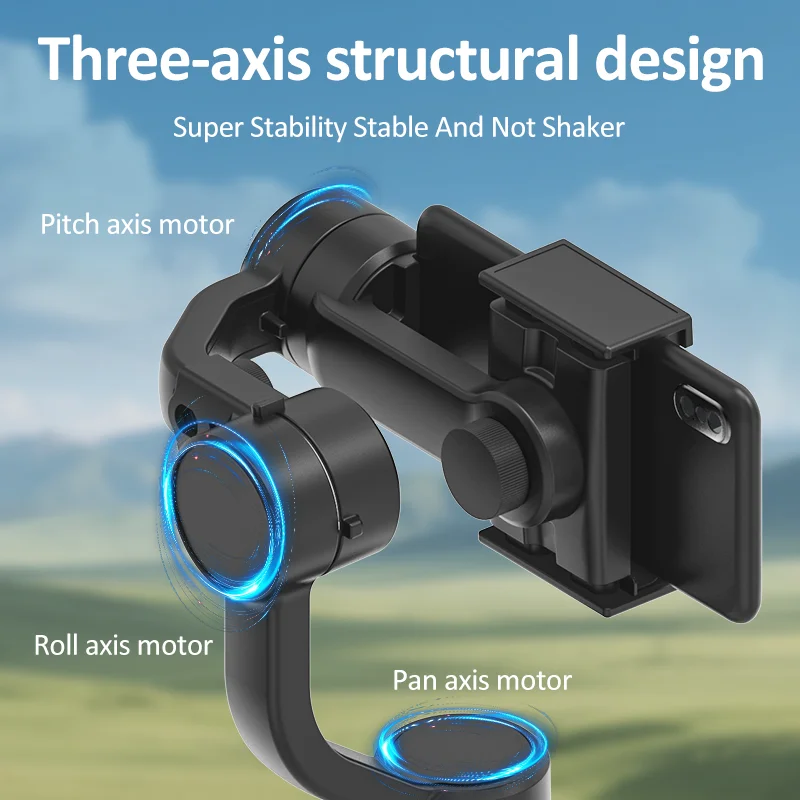 QAML F8 2025 3-axis gimbal, anti-shake, wireless, USB rechargeable, iPhone/Xiaomi/action cam compatible, sleek black.