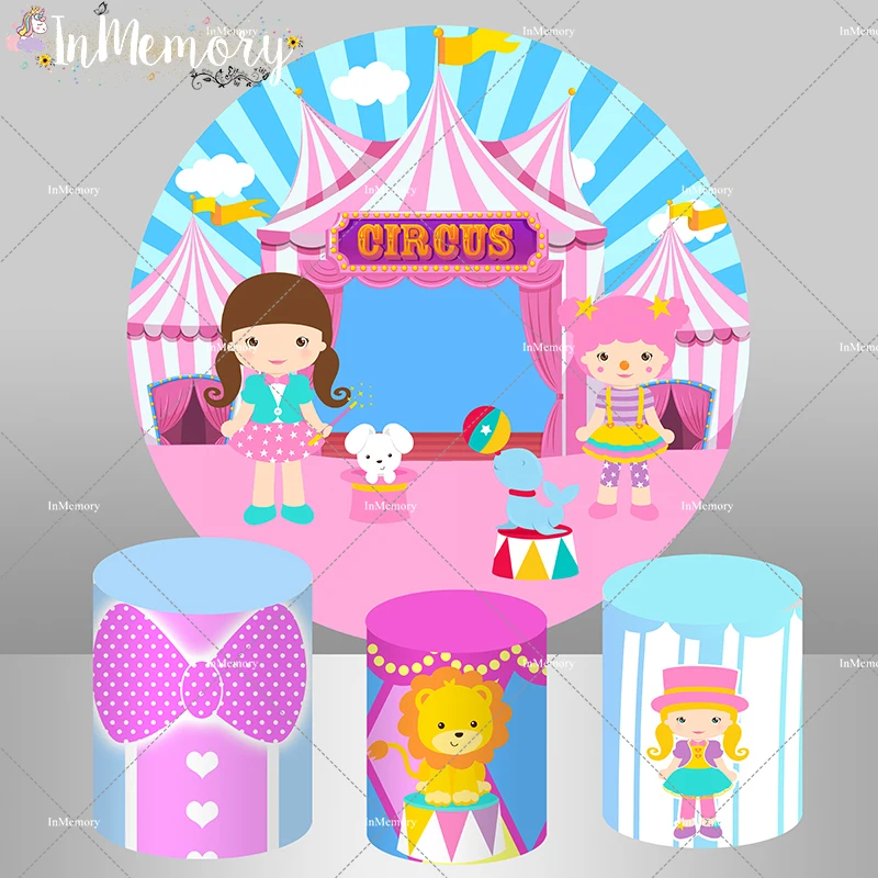 Girl Birthday Party Decor Background Photography Clown Circus Tent Animals Baby Round Backdrop Circle Table Plinth Cover