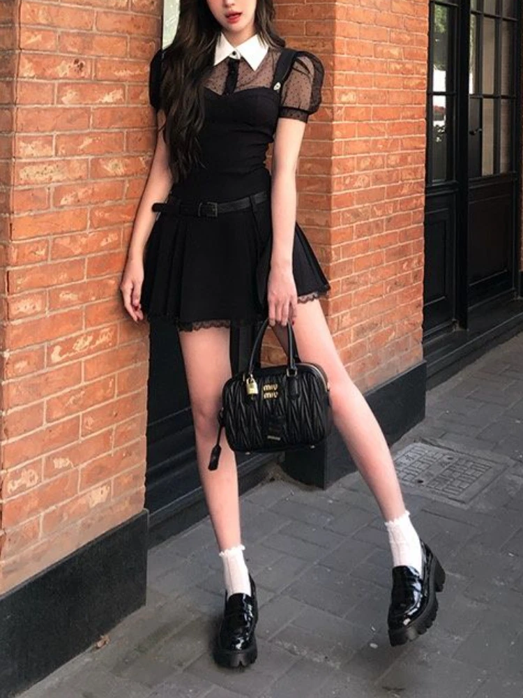 Lolita Gothic New 2 Piece Set Women Y2k Point Lace Blouse + Black Strap Mini Dress Female Korean Fashion Vintage Chic Suit 2024