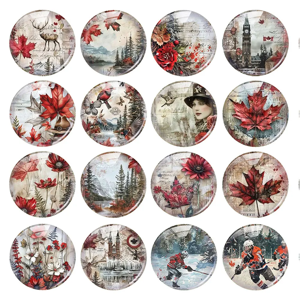 Random Mixed Round/Oval/Square Canada Maple Vintage Collage Photo Glass Cabochon Flatback Demo Cameo For Diy Jewelry Making
