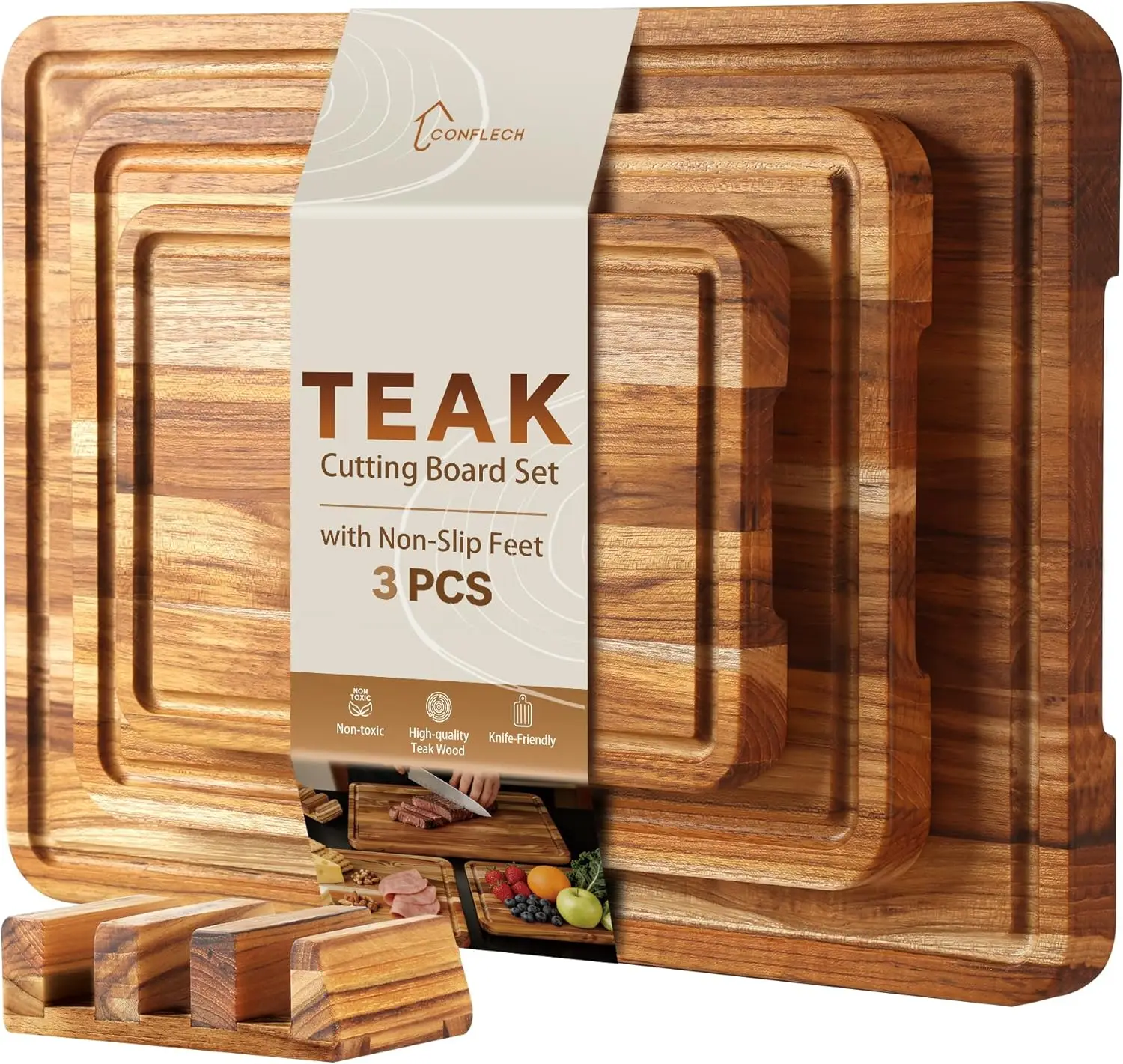 

3 Pack Teak Wood Cutting Board Set with Juice Groove, Non-Toxic Heavy Duty Solid Chopping Boards for Kitchen and Charcuterie