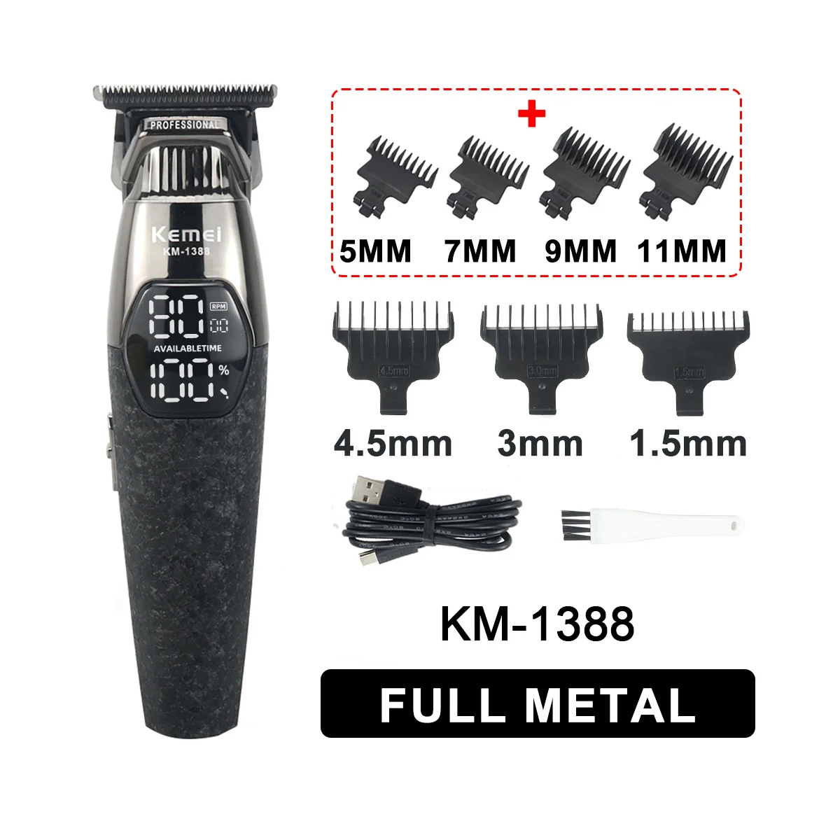kemei-km-1388-プロフェッショナルトリマー-メンズ用-dlcブレード-8000rpm-5wモーター-フルメタル-ledディスプレイ-ヘアトリマー-フィニッシングマシン