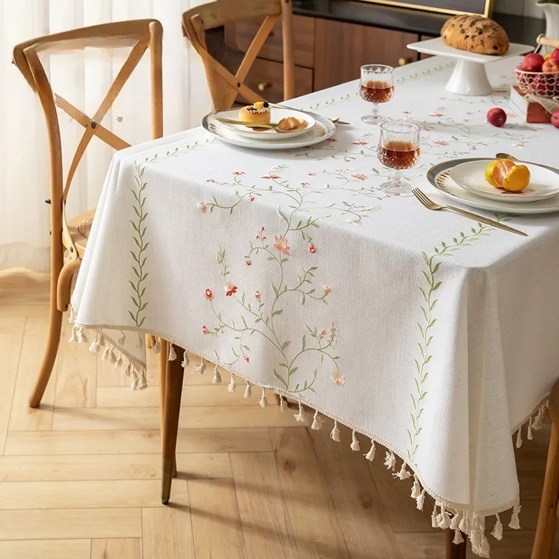Cotton and Linen Embroidered Tablecloth, American Light Luxury, French Vintage Style Rectangular Coffee Table Cloth