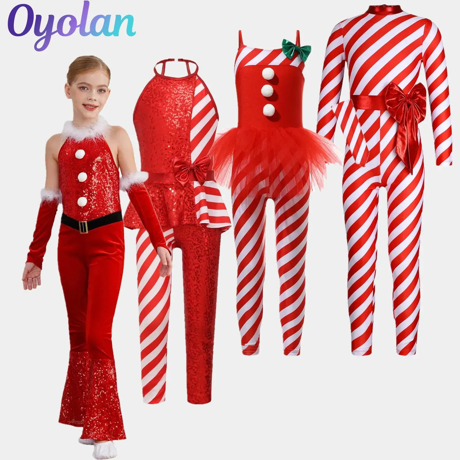 

Girl Christmas Xmas Candy Cane Cosplay Costume Velvet Santa Claus Bodysuit Plush Sequins Gymnastics Ballet Dance Flared Jumpsuit