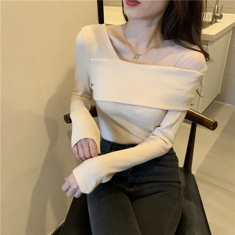 2024 Shirts for Women Slim Fit Patchwork Gauze Thicked Sexy Tshirts Korean Warm Tees Temperament Elegant Tops Mujer