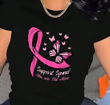 تي شيرت نسائي كاجوال رياضي برقبة دائرية وأكمام وردية على شكل فراشة للتوعية بسرطان الثدي وطباعة ملابس جمالية صيفية مريحة