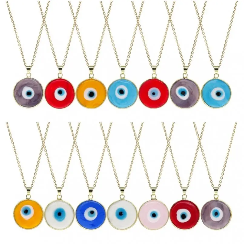 

Coin Shape Round Circle Evil Turkish Eye Religious Chain Necklace Islam Gold Color Copper Colored Glaze
