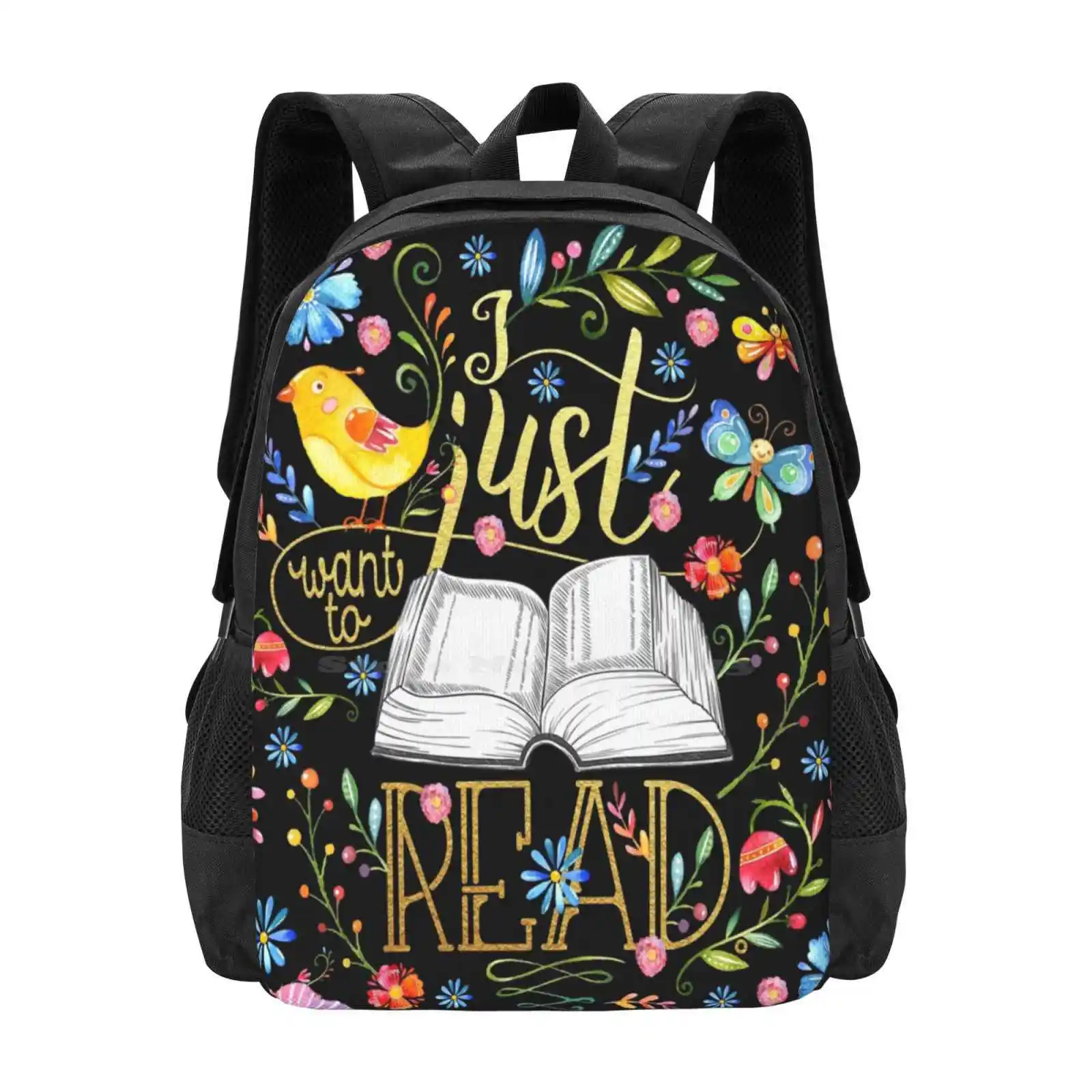 I Just Want To Read - Black Floral Backpack For Student School Laptop Travel Bag Reading Books Bookworm Booknerd Bookish Floral