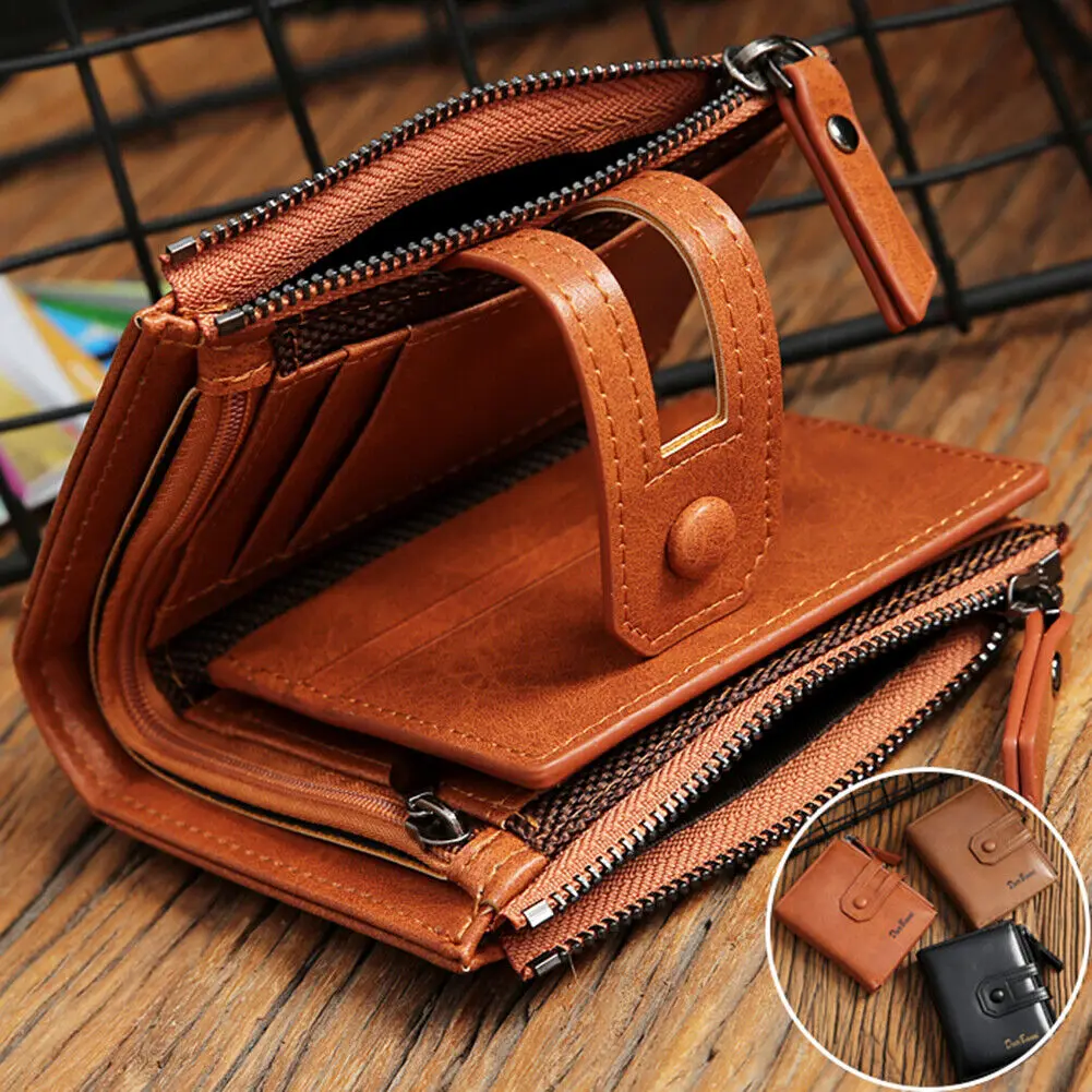 

Men's Short Wallet Double zipper Multi Card Slots Holder Coin Purses With Snap Button PU Leather Billfold