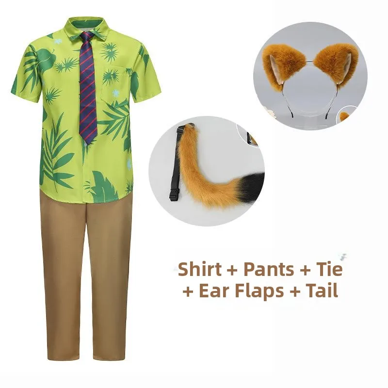 

Halloween Crazy Animal City Nick Cosplay Set Green Short Sleeve Printed Shirt Role Playing Costume Women's Fashion Trend