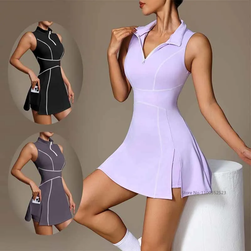 Women Sleeveless Polo Tennis Dress Zipper Collar Sports Golf Dress Built-in Bra and Short Quick Dry Split Workout Athletic Skirt