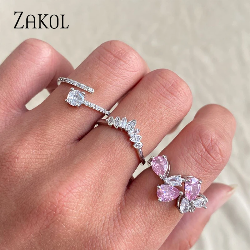 ZAKOL Delicate Pink Water Drop Finger Rings for Women Shiny Cubic Zirconia Ring Fashion Party Wedding Jewelry INS Style