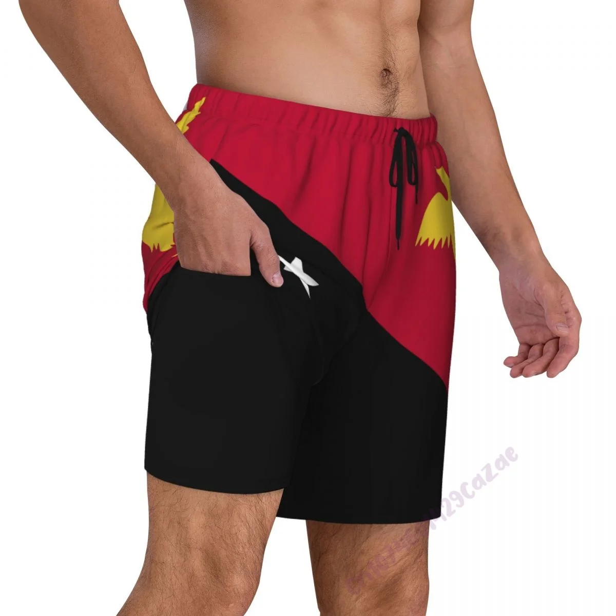 Papua New Guinea Flag 3D Mens Swimming Trunks With Compression Liner 2 in 1 Quick-Dry Summer Swim Shorts With Pockets