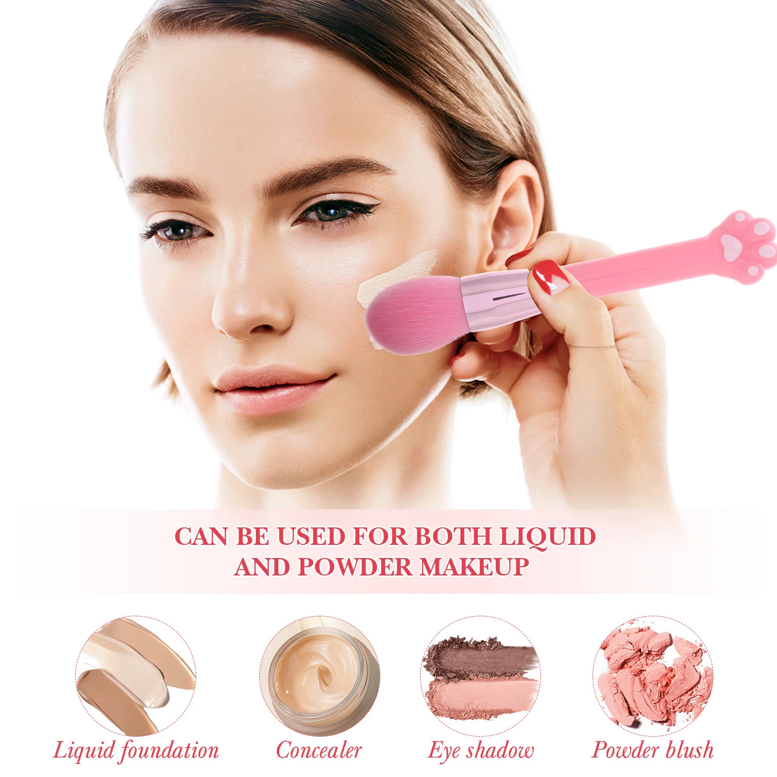Pennello per trucco con zampa di gatto rosa Manico lungo Setole morbide Strumento per trucco viso con fondotinta in polvere sciolto multifunzione