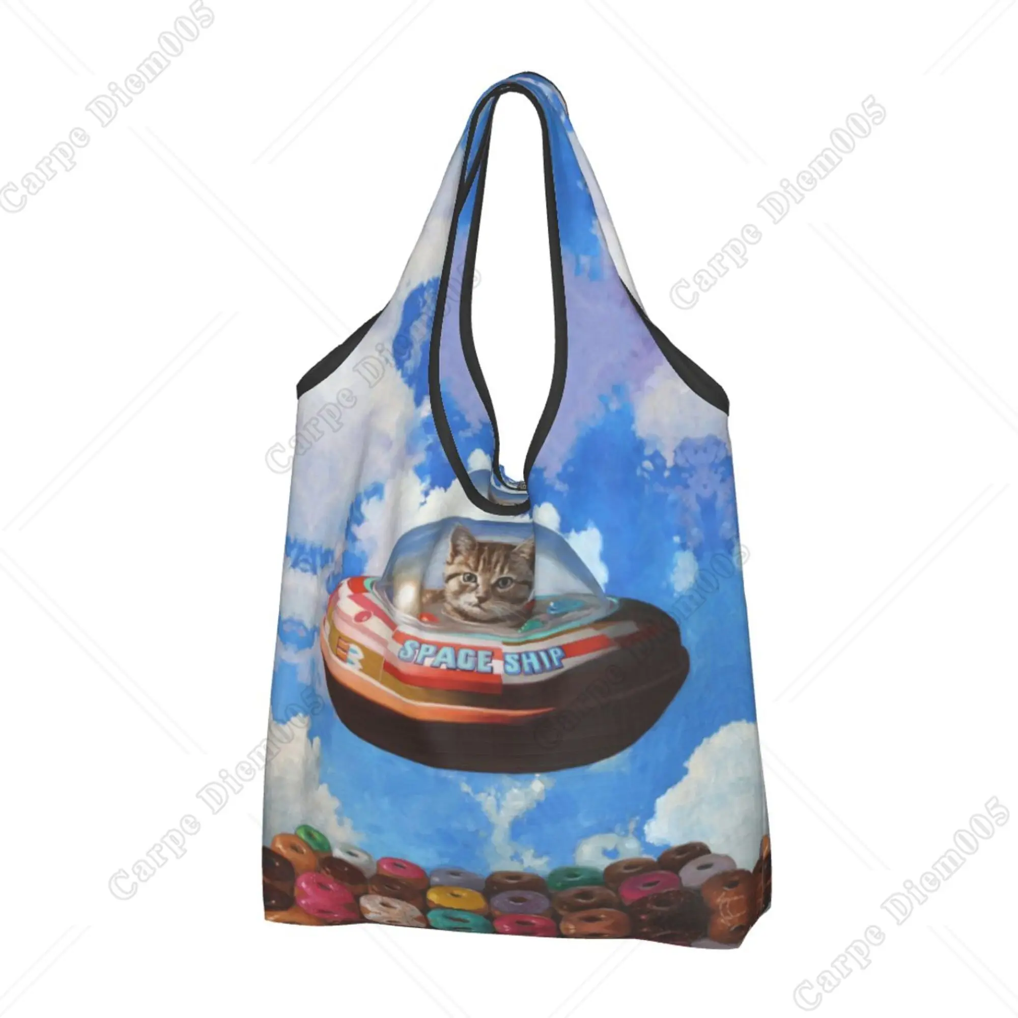 

Space Cartoon Cat Doughnut Cute Tote Bag Folding Shopper Bag for Women Shopping Work Outdoor Walking Fashion No Zipper Eco