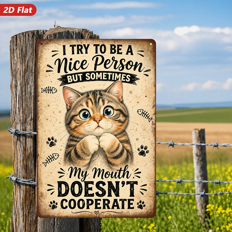 2D Flat, Metal Sign Wall Art, Cat Artwork,Quote 