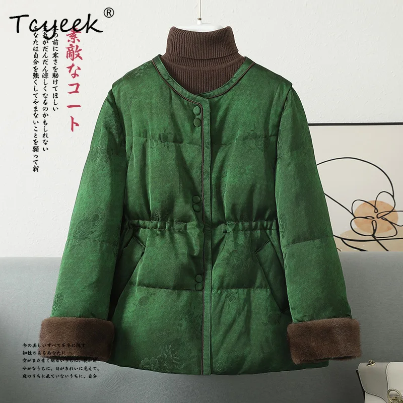 Tcyeek 가을 겨울 분리형 밍크 모피 새로운 중국 스타일 중간 길이 여성 화이트 거위 모피 코트 Fourrures Femme