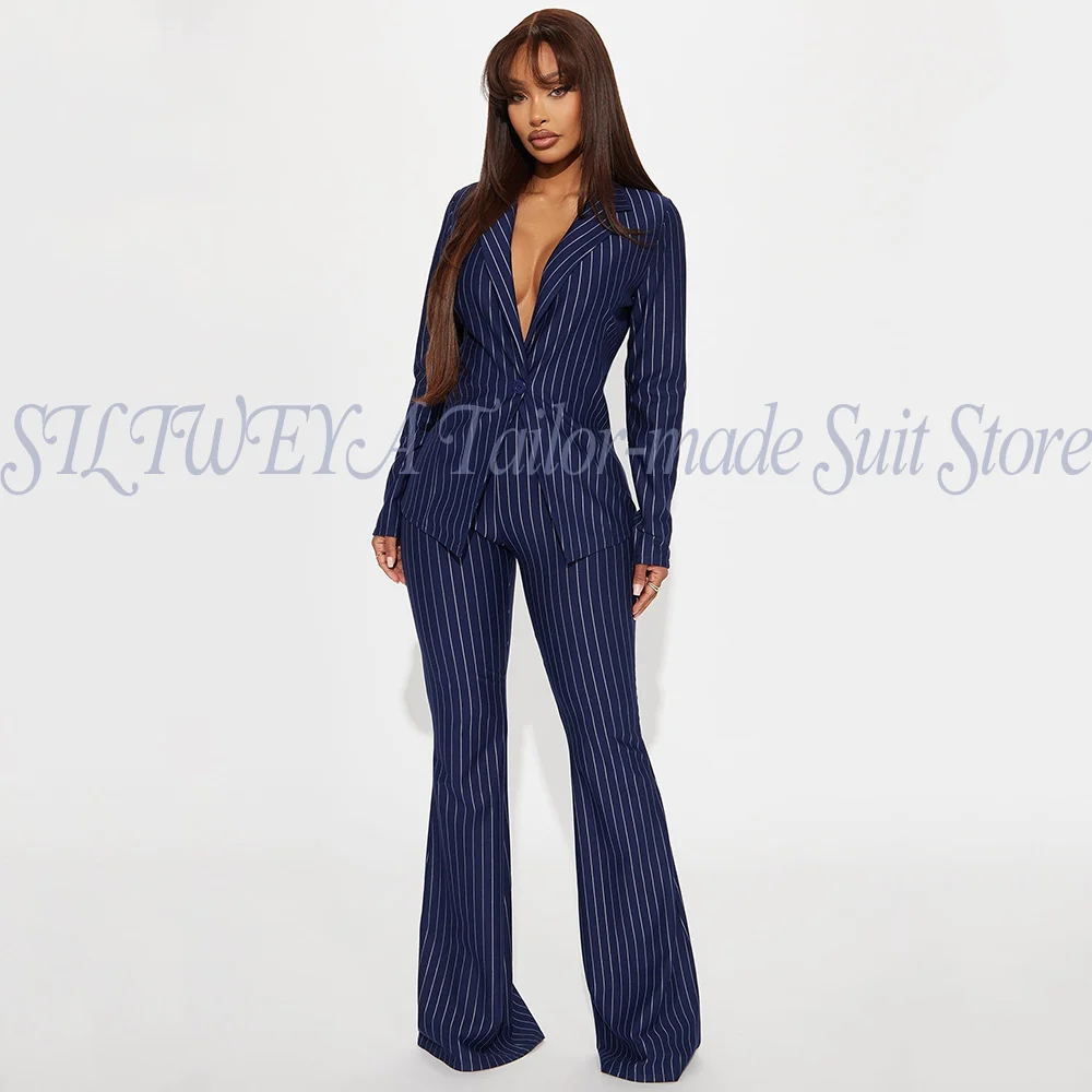 

New Style Blue Stripe Suit Set For Women 2 Pieces Jacket Pants Fashion Trousers Smart Casual Female Blazer Set Customized 2026