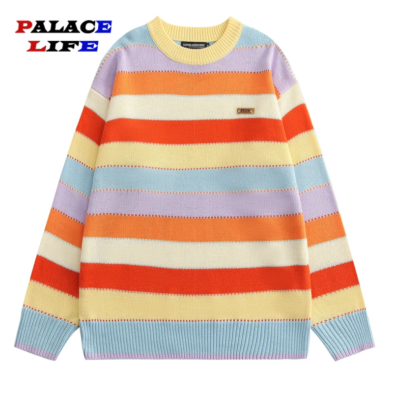 

Harajuku Autumn Fashion Casual Pullovers Men Long Sleeve Knitted Jumper Sweaters Hip Hop Color Block Striped Streetwear