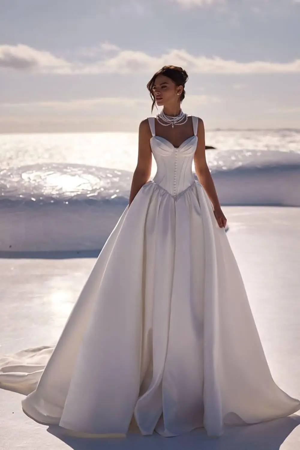 Bride 2025 Women's Spaghetti Strap Satin Wedding Dress A-Line V-Neck Bridal Gown with Train