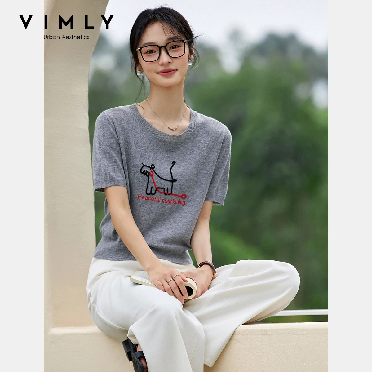 VIMLY Dames Zomer Gebreide Tops Truien Fun Puppy Geborduurd T-shirt met korte mouwen 2025, Casual gebreide trui met ronde hals 75021