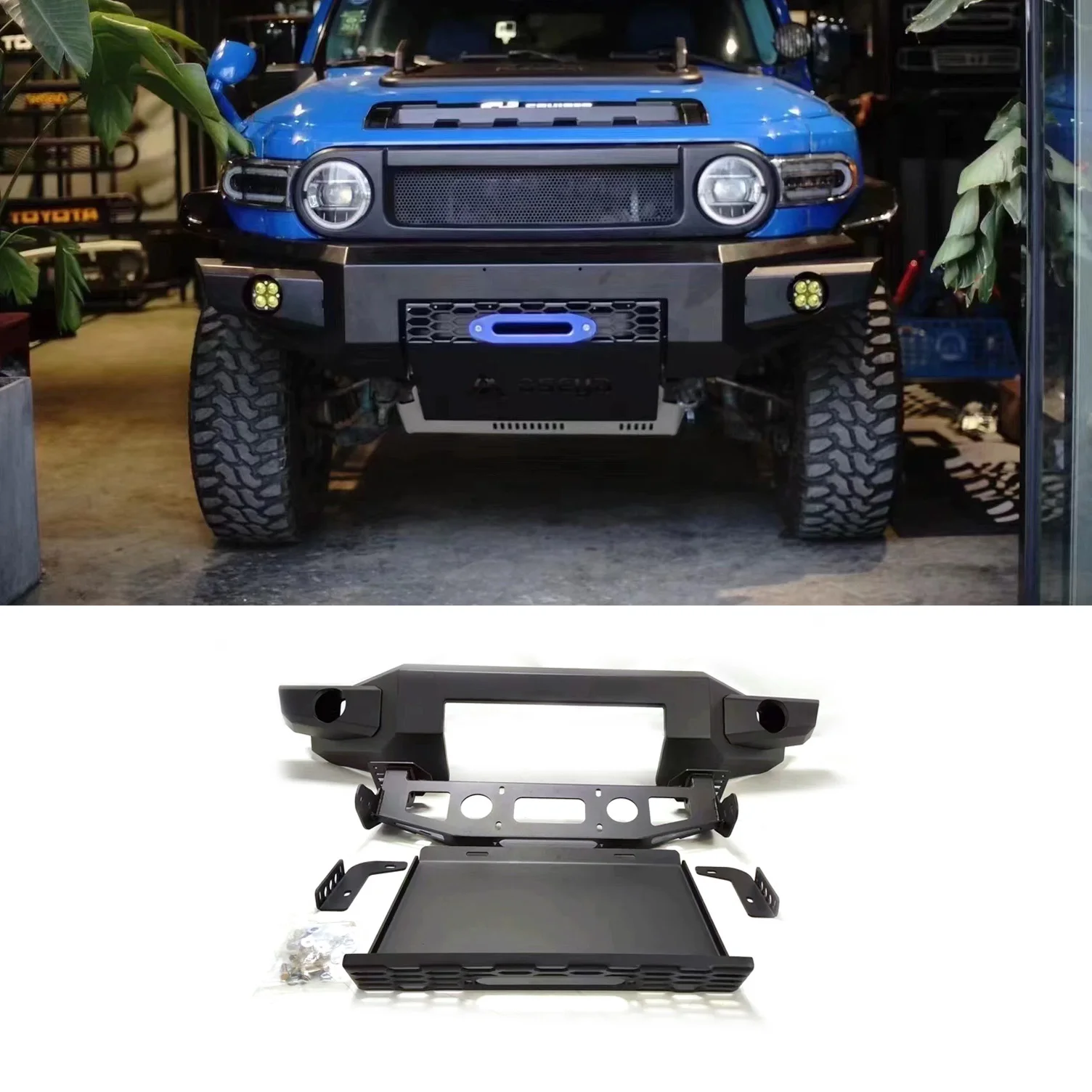 Nuevos accesorios 4x4, placa de cabrestante negra texturizada todoterreno, parachoques delantero con placa de deslizamiento para Toyota FJ Cruiser 2007-2014