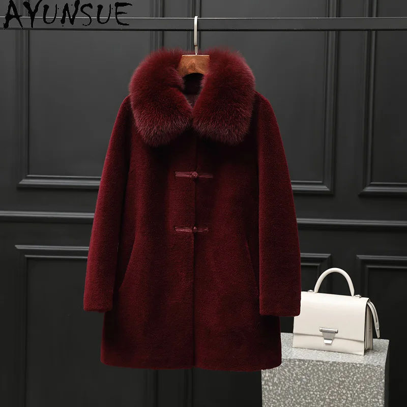 معطف صوف 100% من AYUNSUE للنساء 2025 سترة شيرلينغ من الأغنام الحقيقية بياقة من فرو الثعلب ملابس شتوية للسيدات من الفرو المركب palzt Жengarško