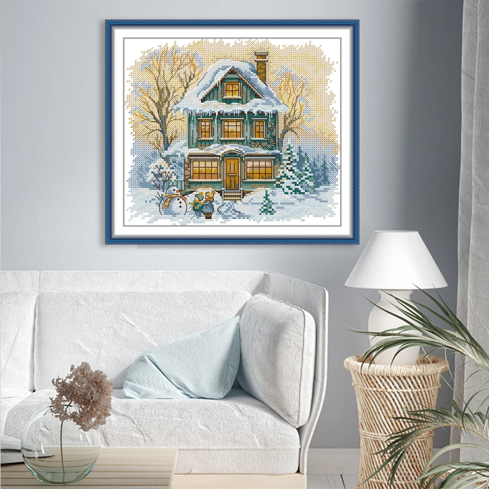 

Joy Sunday Printed Cross Stitch Kits Needle Embroidery Sets DMC Thread Aida Canva 16/14/11CT DIY Hut in The Snow Home Decor