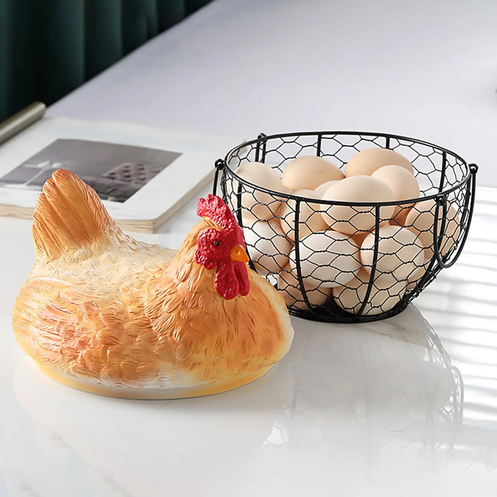 Chicken Egg Basket Vintage Metal Storage Holder Egg Gathering Basket with Hen Lid for Fruit Snack Farmhouse Kitchen Desktop Farm