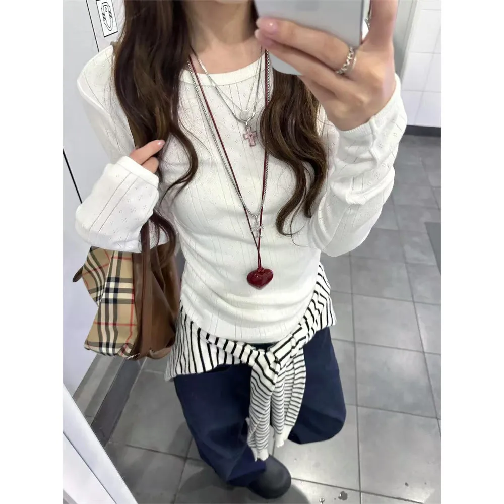 White Texture Embroidery Long Sleeve Base Shirt Women's Autumn Winter Slim Fit Elegant Inner Wear T-Shirt Princess Style Poly...